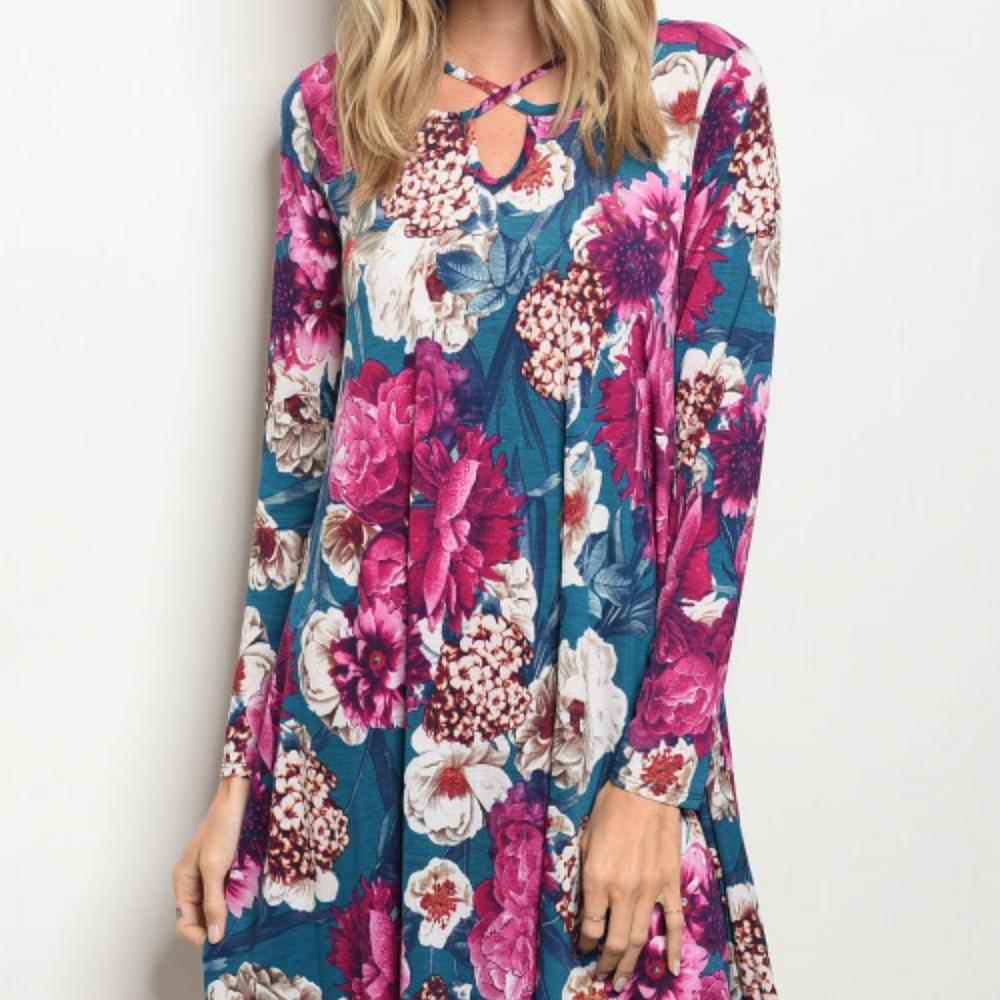 TEAL FLORAL DRESS - Picture 3 of 5